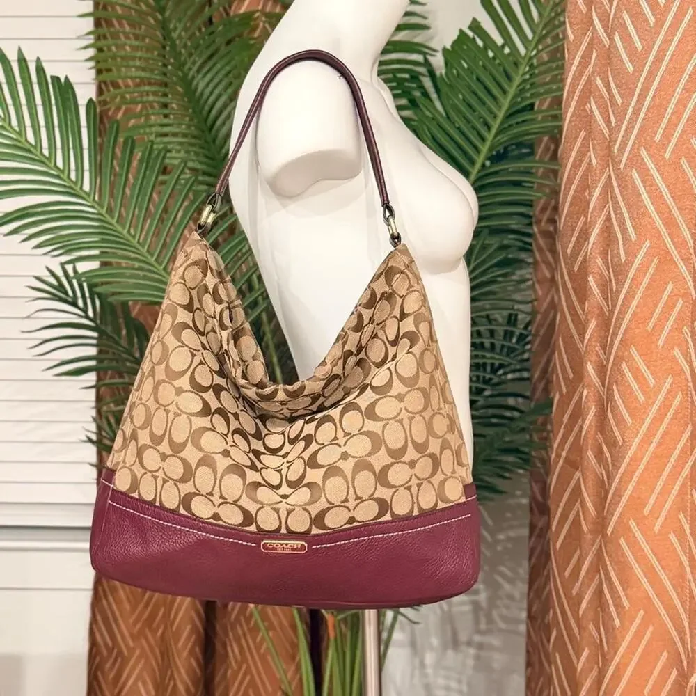 Coach Signature Jacquard Hobo Bag Khaki Purple Leather Shoulder Purse